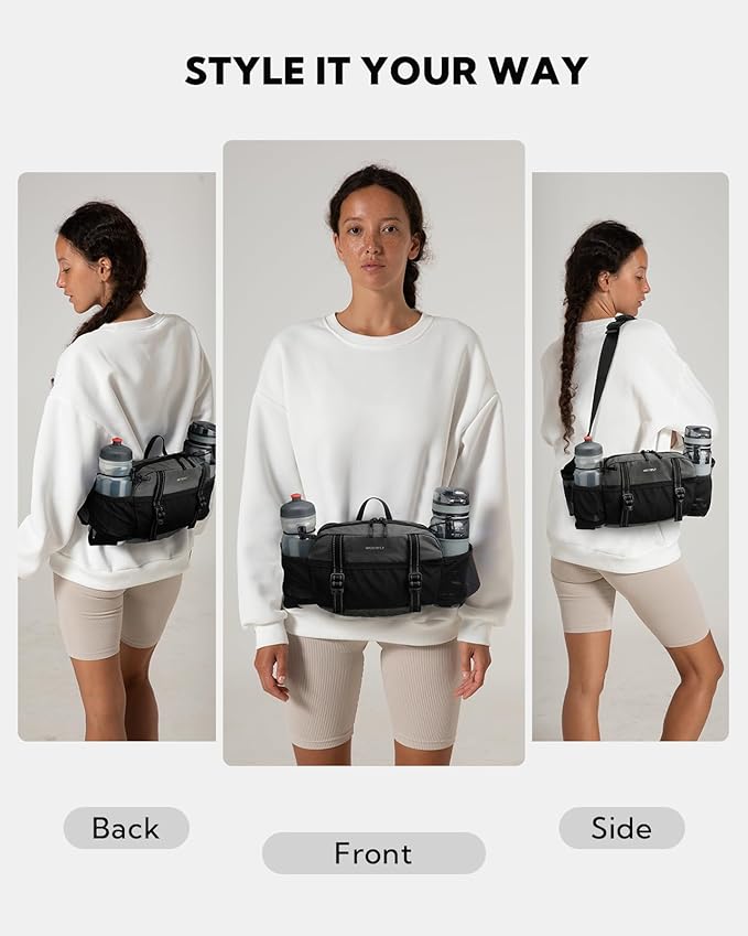 WATERFLY Large Hiking Fanny Pack: 3L Waist Bag with 2 Bottle Holders for Women Men - 9 Pockets & Adjustable Belt Lumbar Hip Packs for Travel Running Cycling Camping Workout (Bottles Not Included)