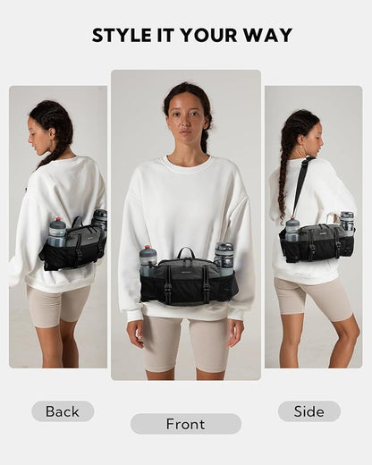 WATERFLY Large Hiking Fanny Pack: 3L Waist Bag with 2 Bottle Holders for Women Men - 9 Pockets & Adjustable Belt Lumbar Hip Packs for Travel Running Cycling Camping Workout (Bottles Not Included)