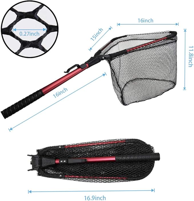 YVLEEN Folding Fishing Net - Foldable Fish Landing Net Robust Aluminum Telescopic Pole Handle and Nylon Mesh 16inch Hoop Size