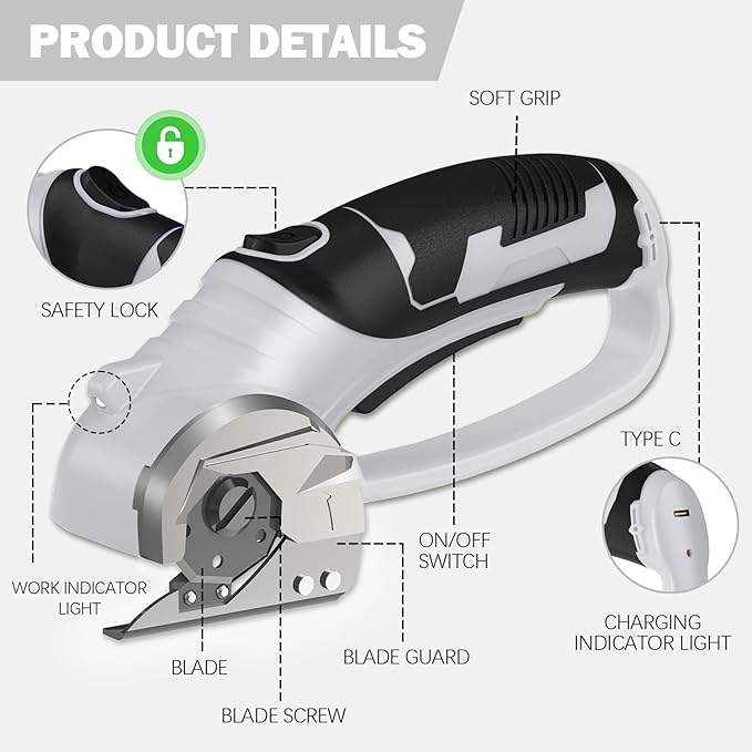 Cordless Electric Scissors, 4V Box Cutter & Cardboard Cutter with Upgrade Blade, LED Light, Safety Lock - Rechargeable Rotary Cutter for Fabric, Leather, Plastic, Crafting, Sewing, Industrial (Grey)