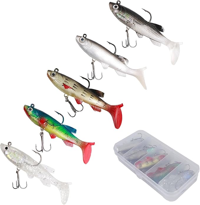 Inmorven Soft Fishing Lures Shad Minnow Swimbaits, Pre-Rigged Jig Head Paddle Tail Swimbaits for Freshwater and Saltwater, Jigs Fishing Bait for Bass Crappie Trout Walleye, Fishing Gifts for Men