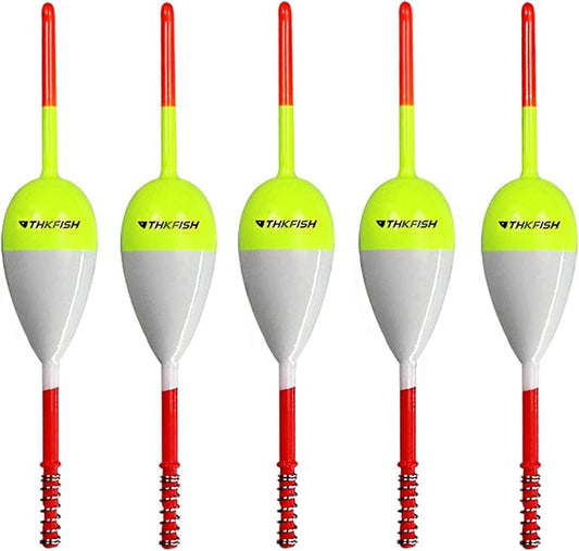 THKFISH Fishing Floats and Bobbers Balsa Wood Floats Spring Bobbers with Oval Slip Bobbers for Crappie Panfish Walleyes Fixed Bobber (1"X0.7"X6") (1.25"X0.75"X6") (2"X1.14"X5.86") 5pcs
