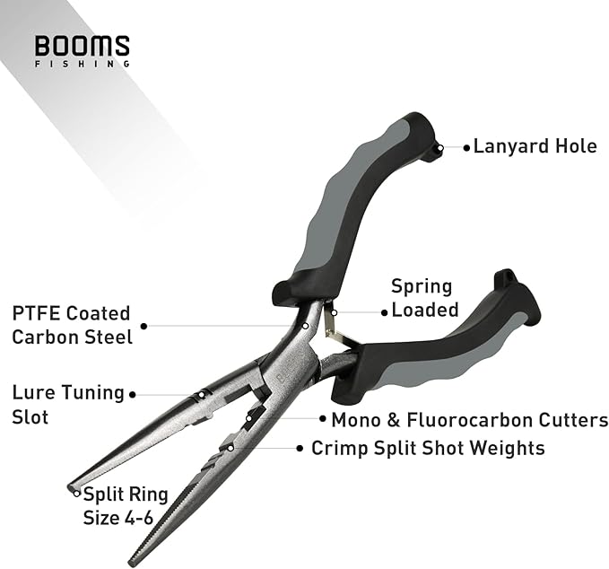Booms Fishing F03 Needle Nose Fishing Pliers, 9" Fisherman's Pliers, Long Nose Hook Remover, Saltwater Resistant Fishing Gear, Gray