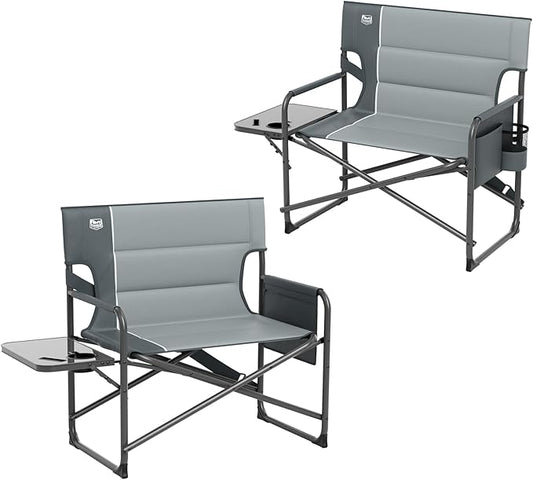 TIMBER RIDGE XXL Foldable Directors Chair with Side Table, Extra Wide Camping Chairs for Adults Heavy Duty Supports 500 lbs, Oversized Folding Lawn Chair for Picnic Beach Sports Fishing, Grey-2 Pack