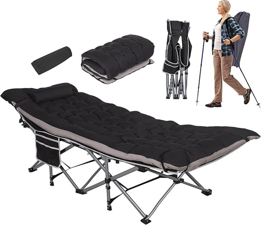 Folding Camping Cots with Pillow & Extra Thick Matress, Cots for Sleeping 900 LBS, Camping Bed for Adults with Cushion, Sleeping Cot (Black)