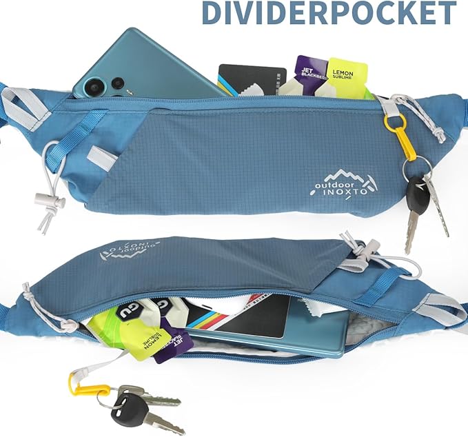 INOXTO Slim Running Belt Fanny Pack for Women and Men Sports Waist Bag Pack with 300ml Water Bottle for Running Walking Cycling Hiking Reflective Running Pouch Belt for All Phones (Dack Blue)