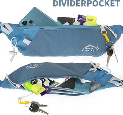 INOXTO Slim Running Belt Fanny Pack for Women and Men Sports Waist Bag Pack with 300ml Water Bottle for Running Walking Cycling Hiking Reflective Running Pouch Belt for All Phones (Dack Blue)