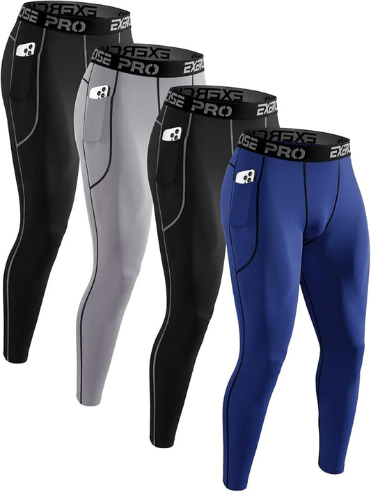 4 Pack Men’s Compression Pants Running Tights Workout Leggings for Men Athletic Base Layer Bottoms with Pockets