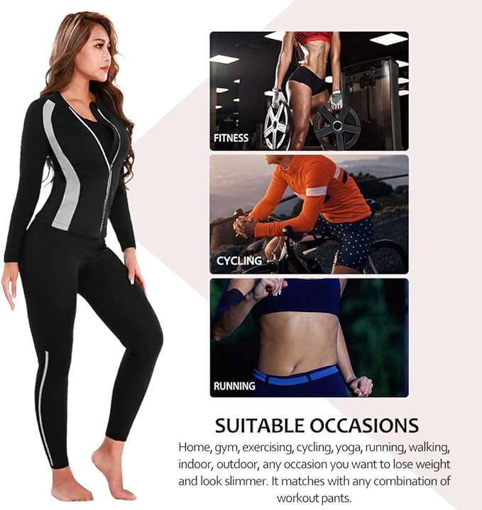 NonEcho Women Sauna Suit Waist Trainer Jacket Hot Sweat Top Neoprene Body Shaper Workout Suit Running Cycling Jersey Black
