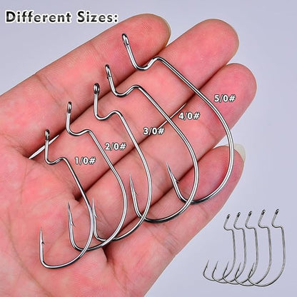 Fishing Hooks for Bass Fishing - 100pcs EWG Offset Worm Hook Texas Rig Hooks for Freshwater Saltwater Size 1/0 2/0 3/0 4/0 5/0 - Soft Lures Worms Plastics Bait Fishing Hook with Tackle Box