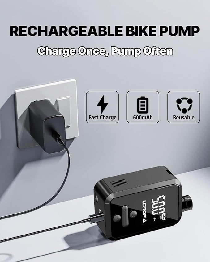 URTOPIA Electric Bike Pump, Fast Inflation Air Pump with Gauge, Up to 150PSI, Efficient Heat Dissipation, Rechargeable, with Bright LED Light, Portable Bicycle Pump for Road Bike, Motorcycle, Ball