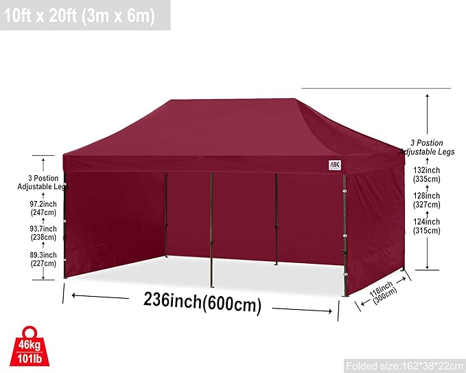 ABCCANOPY Heavy Duty Easy Pop up Canopy Tent with Sidewalls 10x20, Burgundy