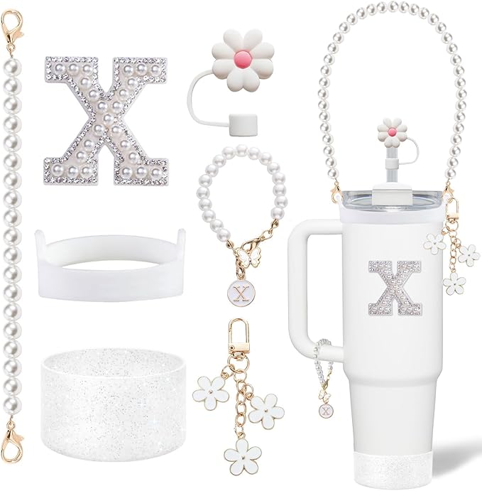 Cup Accessories Set for Stanley- Including Water Bottle Carrying Pearl Strap, Handle Letter Charms Sticker, Siliocne Cup Boot Straw Cover for Stanley Cup 40oz & 30oz Tumbler Accessory Kit X