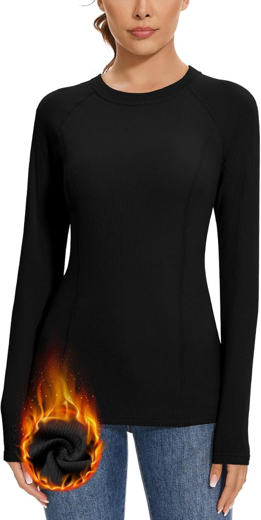 WOWENY Thermal Shirts for Women Ribbed Crewneck Base Layer Soft Fleece Long Sleeve Top Thermal Underwear Winter