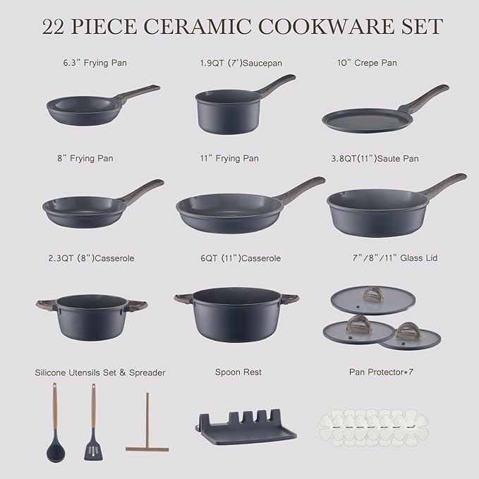 22Pcs Pots and Pans Set Non Stick Non-Toxic Ceramic Cookware Sets Nonstick Kitchen Pot and Pan Set With Lid Gray Granite Induction Compatible with Glass Lids 10" Griddles Frying Pan PFOA/PFOS-Free