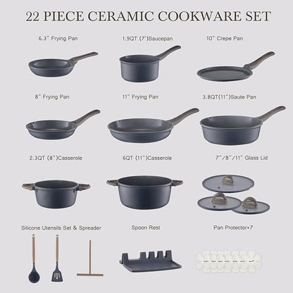 22Pcs Pots and Pans Set Non Stick Non-Toxic Ceramic Cookware Sets Nonstick Kitchen Pot and Pan Set With Lid Gray Granite Induction Compatible with Glass Lids 10" Griddles Frying Pan PFOA/PFOS-Free