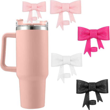 4Pcs Silicone Straw Toppers Covers for Stanley Cups 40/30oz 10mm(0.4in) Flash Black Dust-Proof Bow Straw Covers Toppers Rose Red Suitbale for Stanley Cup Accessories Reusable Straws Caps
