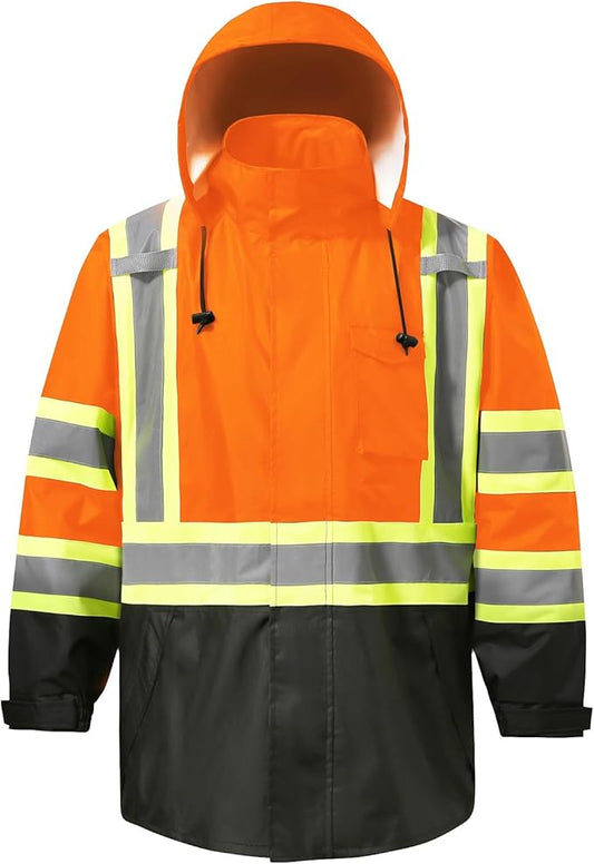 Reflective Rain jackets for men waterproof,Hi Vis Safety Coat With Reflective Strips，High Visibility Class 3 Rain jackets With 2 large pockets，Zipper,Orange,SM/MD