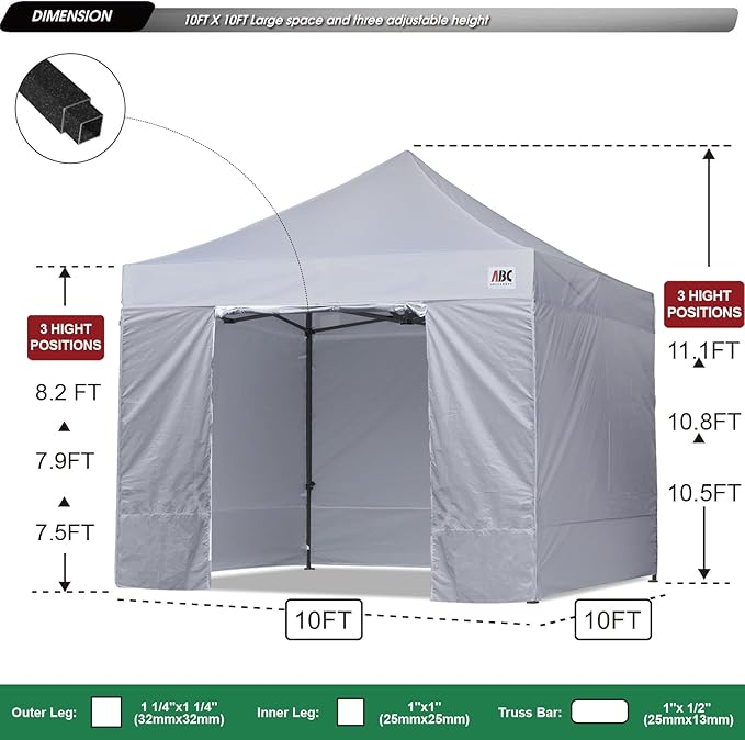 ABCCANOPY Heavy Duty Easy Pop up Canopy Tent with Sidewalls 10x10, Gray