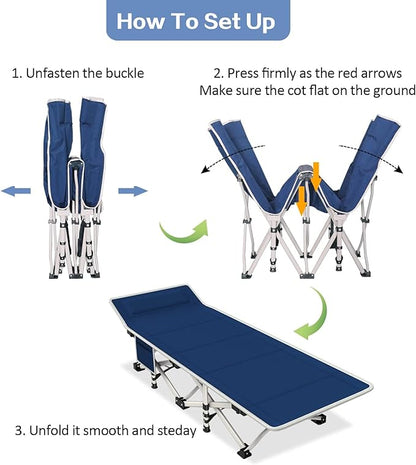 Camping Cot with Comfortable Mattress Cots for Camping with Pad Heavy Duty Camping Bed Sleeping Cot with Carry Bag Folding Cots for Adults Home Office Nap Vocation Outdoor Indoor Easy to Set Up