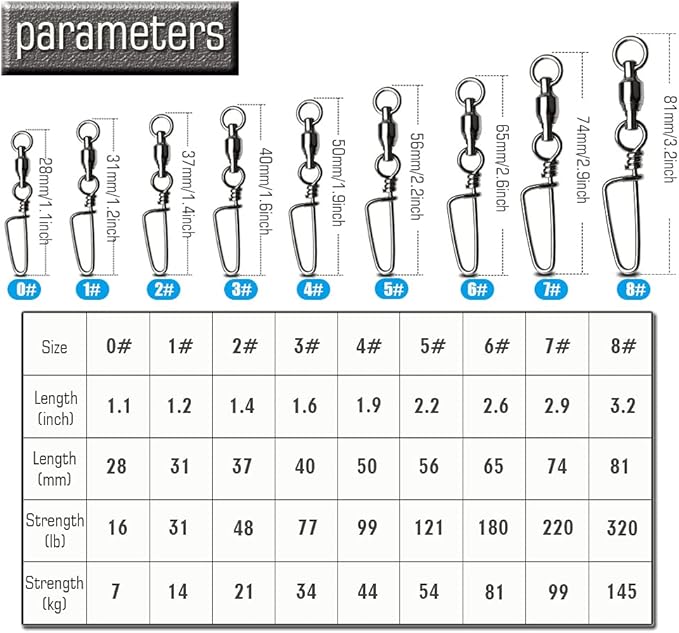 AMYSPORTS Saltwater Connector Fishing Snap Swivel High Strength Snaps Swivel Freshwater Ball Bearing Fishing Swivels Stainless Steel Corrosion Resistant Black Nickel