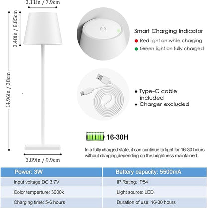 2-Pack Rechargeable Table Lamps, LED Cordless Table Lamp, 3W 5500mAh Battery Operated Table Light, Stepless Dimming Portable Table Light Waterproof for Restaurant/Indoor/Outdoor (White)