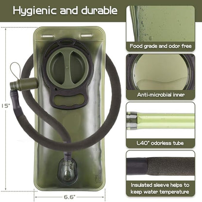 2L Hydration Bladder, BPA Free Water Bladder for Hiking Backpack 2 Liter Military Green Water Storage Bag with Insulated Tube, Hydration Back Pack Replacement for Outdoor Camping Running Cycling