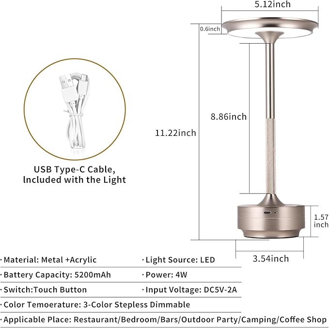 Rechargeable Cordless LED Table Lamps Touch Sensor Light, 3-Levels Portable Dimming Wireless Battery Operated Lamp，Nightstand Lamp/Night Light/Restaurant Table/Outdoor/Coffee/Bar (Silver)