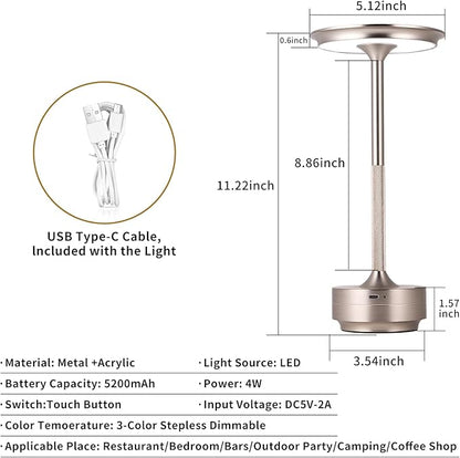 Rechargeable Cordless LED Table Lamps Touch Sensor Light, 3-Levels Portable Dimming Wireless Battery Operated Lamp，Nightstand Lamp/Night Light/Restaurant Table/Outdoor/Coffee/Bar (Silver)