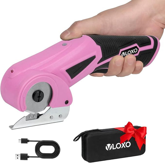 VLOXO Cordless Cardboard Cutter, Electric Scissors with Safety Lock, 4V Electric Fabric Cutter Rotary Powerful Fabric Scissors Recharge Multi-Cutting Tool for Carpet Leather Felt with Storage Box Pink