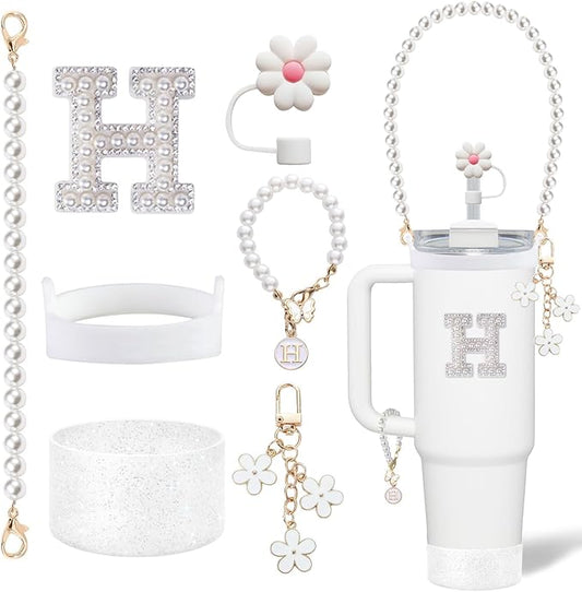 Cup Accessories Set for Stanley- Including Water Bottle Carrying Pearl Strap, Handle Letter Charms Sticker, Siliocne Boot Straw Cover for Stanley 40oz & 30oz Tumbler Accessory Kit H