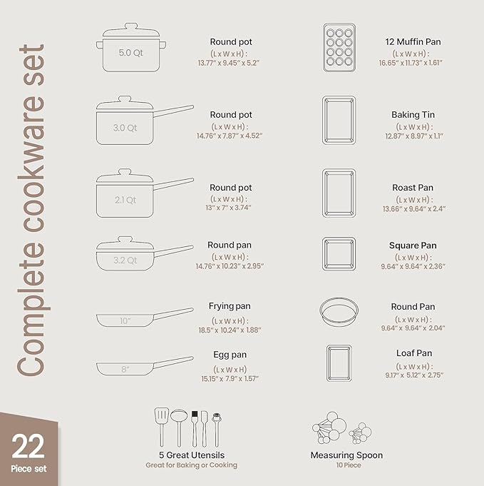 Pots and Pans Set, 22-Piece Non Stick Cookware & Bakeware Sets with Plaid Pattern, Stackable Design, Dishwasher Safe, Stain-resistant, Oven & All-Stove Safe, Tempered Glass Lid, White Marble