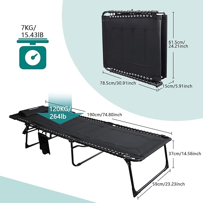 Outdoor Folding Lounge Chair Padded for Adults 264Ibs Patio Chaise Lounge Chair for Outside 5-Position Adjustable Reclining Beach Chair with Pillow Pocket