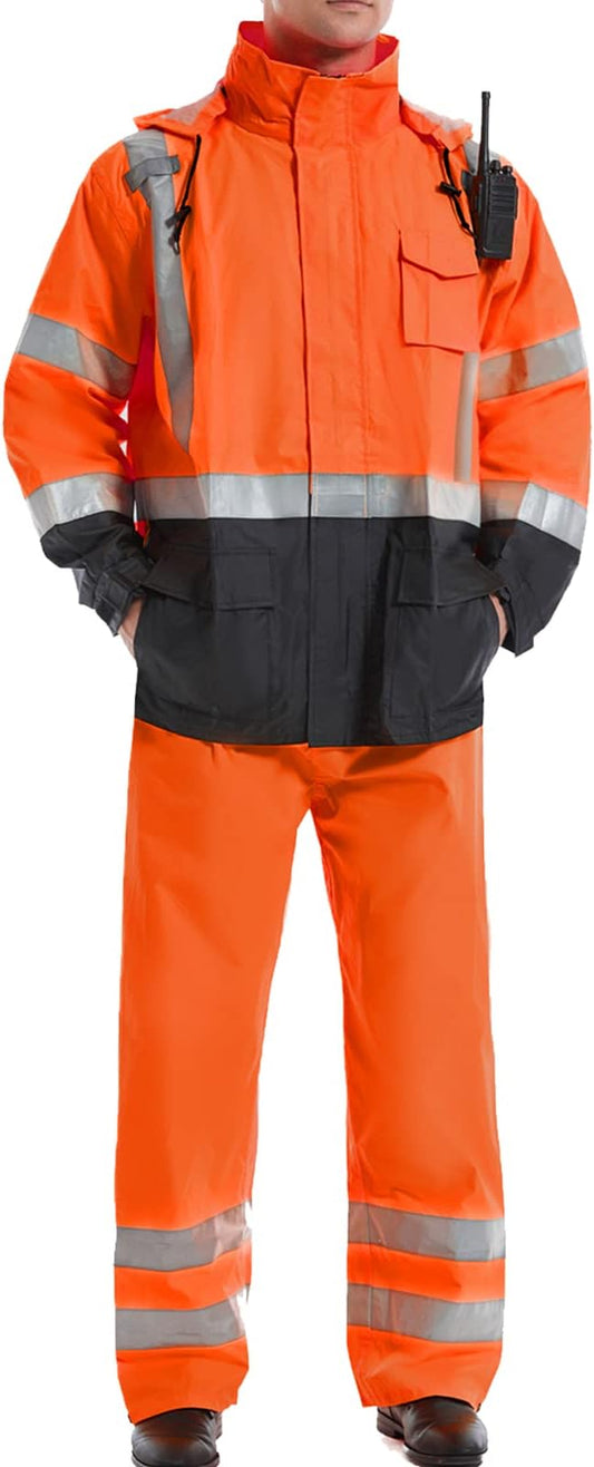 SKSAFETY Hi Vis Reflective Rain suits for Men Waterproof - High Vis Safety Rain Jacket, High Visibility Raincoat for Men