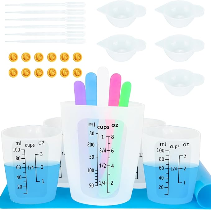 Creahaus Silicone Measuring Cups Tool Kit, Non-Stick Black Number 250 & 100ml Epoxy Mixing Cups, Reusable Resin Supplies with Silicone Cups, Stir Sticks, Pipettes, Mat for Resin Molds, Jewelry Making