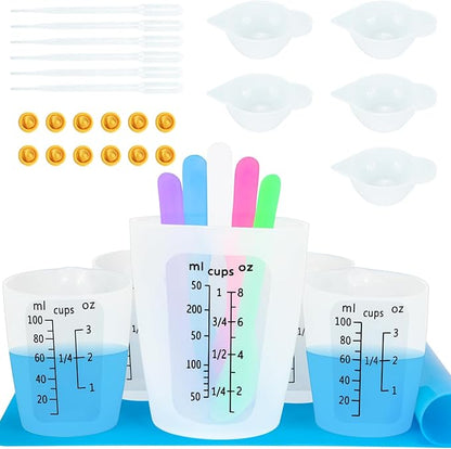 Creahaus Silicone Measuring Cups Tool Kit, Non-Stick Black Number 250 & 100ml Epoxy Mixing Cups, Reusable Resin Supplies with Silicone Cups, Stir Sticks, Pipettes, Mat for Resin Molds, Jewelry Making