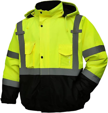 Safety jacket for men,Reflective high Visibility Hooded jacket,Hi-Vis Bomber Jacket with Pockets and Zipper,Waterproof,Black Bottom,ANSI/ISEA 107-2020 Type R Class 3,Lime