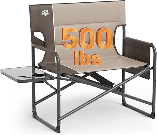 Timber Ridge XXL Director’s Chair – Heavy Duty Folding Chair with Side Table, 500 lb Capacity, Extra Wide Padded Seat for Camping, Sports, Beach, Patio, and Outdoor Use, Tan