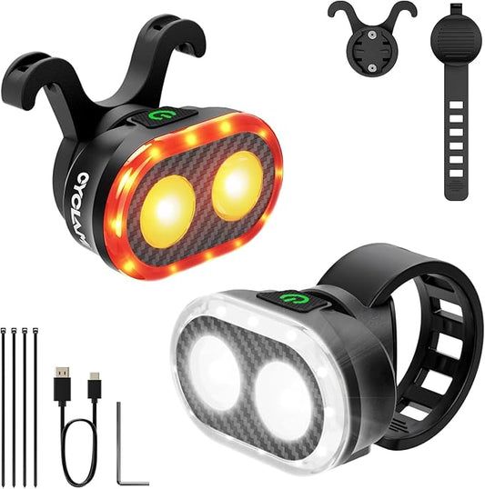 Bike Lights Front and Rear, Smart Headlight and Tail Light, 11+20 Modes Brake Sensing Bicycle Back Lights USB Rechargeable Bike Lights Set, Waterproof IP6, Cycling Safety Accessories