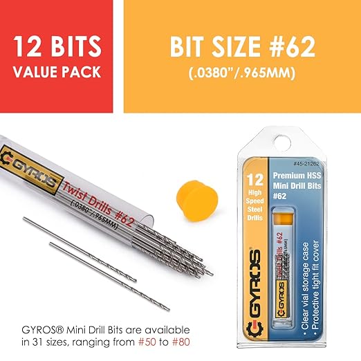 GYROS 12 PCS #62 Micro Drill Bit Set – Small Drill Bits for Jewelry, Plastic, Resin, & Soft Metal – High-Speed Steel Wire Gauge Mini Twist Drill Bit Set for Pin Vise Hand Drill & Rotary Tool