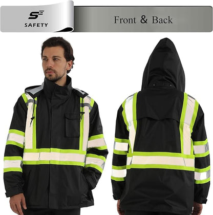 sesafety Hi Vis Rain Jacket, Rain Suits for Men Waterproof withBlack Bottom, Rain Coats for Men Interior Mesh, Class 3 HighVisibility Rain Gear,Removable Hood