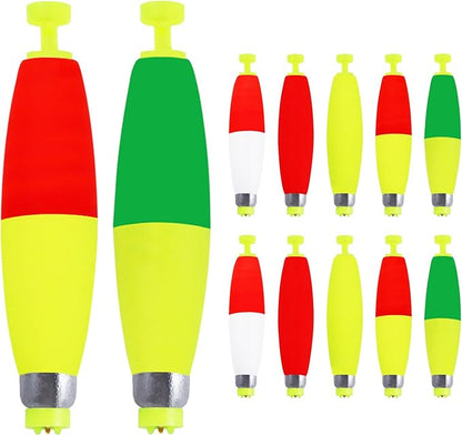 Weighted Fishing Bobbers 10-Pack - Slip Bobbers for Catfish, Panfish with Spring-Loaded Clip & Bottom Weight | 3 Sizes & 5 Multi-Color Styles (EVA Foam Floats)