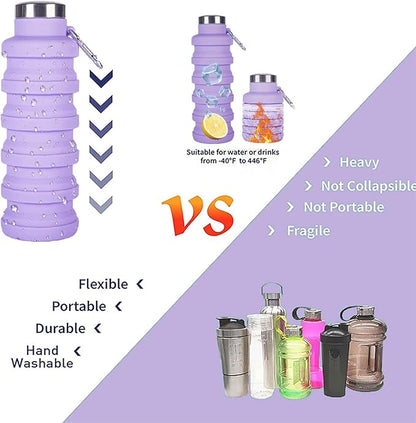 Collapsible Water Bottle,4 Pcs BPA Free Reuseable Silicone Foldable Leakproof 16oz Water Bottles,Portable Lightweight Water Bottles with Carabiner for Travel Gym Camping,Hiking Outdoor Indoor Sports