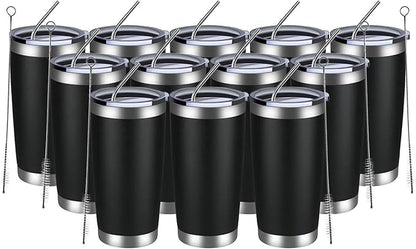 MEWAY 20oz Tumbler 12 Pack Double Wall Vacuum Insulated Travel Mug Bulk, Stainless Steel Tumblers with Lid and Straw, Durable Powder Coated Coffee Cups for Cold & Hot Drinks (Black, 12)