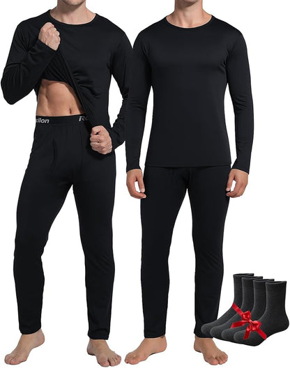 2 Pack Thermal Underwear Long Johns for Men Fleece Lined Base Layer Tops and Bottoms Set Cold Weather Winter Gear