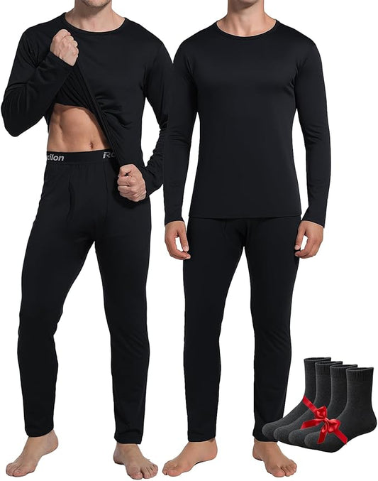 2 Pack Thermal Underwear Long Johns for Men Fleece Lined Base Layer Tops and Bottoms Set Cold Weather Winter Gear