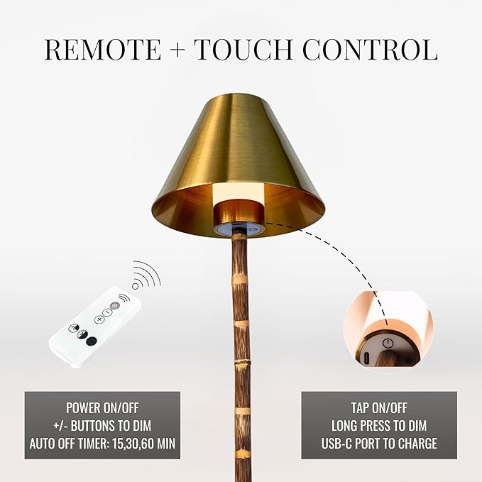 Bamboo Cordless LED Table Lamp – Rechargeable 24-Hour Battery, Dimmable Warm Light, 15" Portable Wireless Lamp with Remote for Indoor/Outdoor Use, Home, Patio, Restaurant – Polished Gold