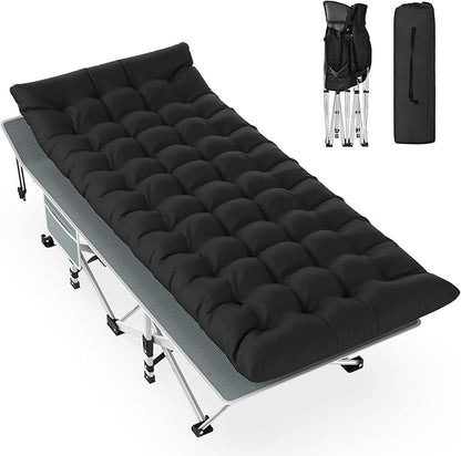 Slendor Folding Camping Cot Black, Sleeping Cot for Adults with Carry Bag, Mattress, 1200D Layer Oxford Portable Camp Bed Cot Bed for Guest Travel Office Beach