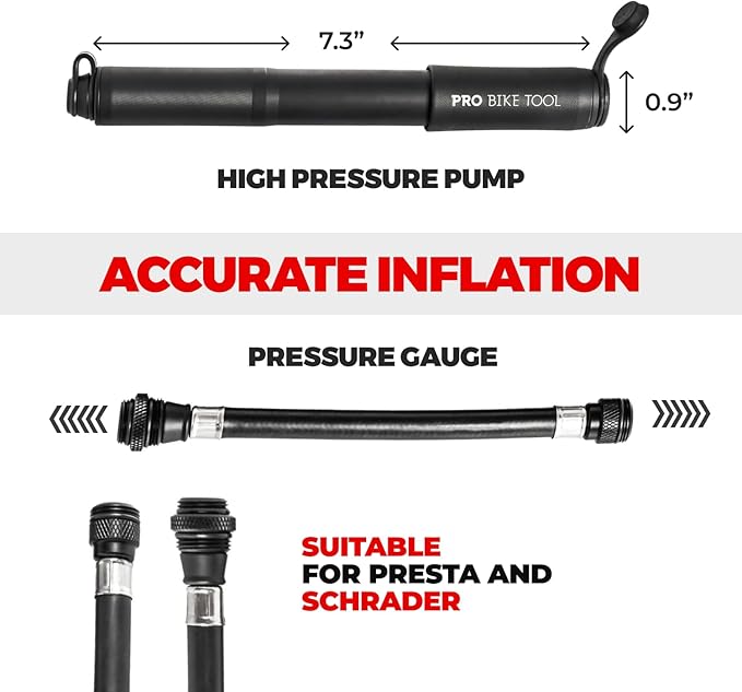 Pro Bike Tool Mini Bike Pump - Compact and Portable Bicycle Tire Pump for Fast Inflation - Compatible with Presta and Schrader Valves - Lightweight and Durable Design - Essential Bicycle Accessories