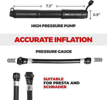 Pro Bike Tool Mini Bike Pump - Compact and Portable Bicycle Tire Pump for Fast Inflation - Compatible with Presta and Schrader Valves - Lightweight and Durable Design - Essential Bicycle Accessories